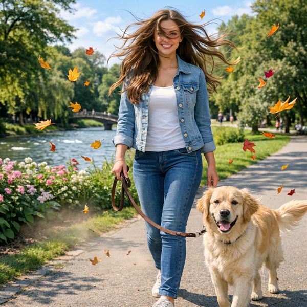 Add dynamic motion to this photo: make hair blow in the wind, add leaves flying, energetic and li...