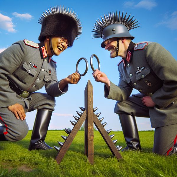 AI image generated by DALL-E 3 — prompt: Two Prussian soldiers wearing spiked pith helmets are facing each other and playing a game of ring toss by attempting to toss metal rings over the spike on the other soldier's helmet.