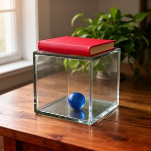 A glass cube on a wooden table. Inside the cube is a smal...