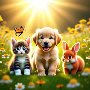 Hyper-photorealistic scene of fluffy baby animals—a golde...