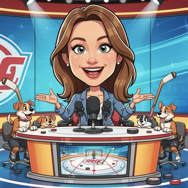 AI image generated by FLUX.2 [pro], ranked #6 of 13 in the "Over-the-top cartoon caricature" arena challenge — prompt: Create a caricature of me and my job. Make it exaggerated and humorous, incorporating my profession as a tv show anchor and my love for dogs and hockey.