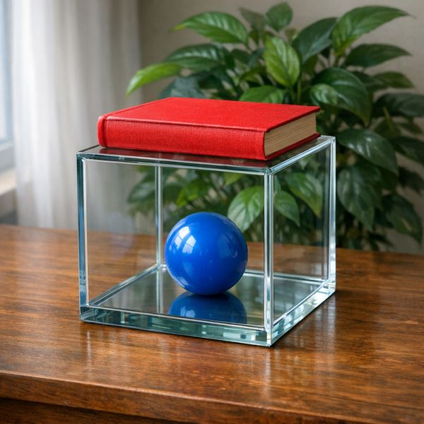 AI image generated by GPT Image 1.5, ranked #10 of 22 in the "Geometric Composition" arena challenge — prompt: A glass cube on a wooden table. Inside the cube is a small blue sphere. On top of the cube sits a red book. A green plant is behind the cube, partially visible through the glass. Soft window light from the left.