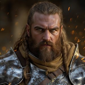 Close portrait of a battle-worn paladin in ornate engrave...