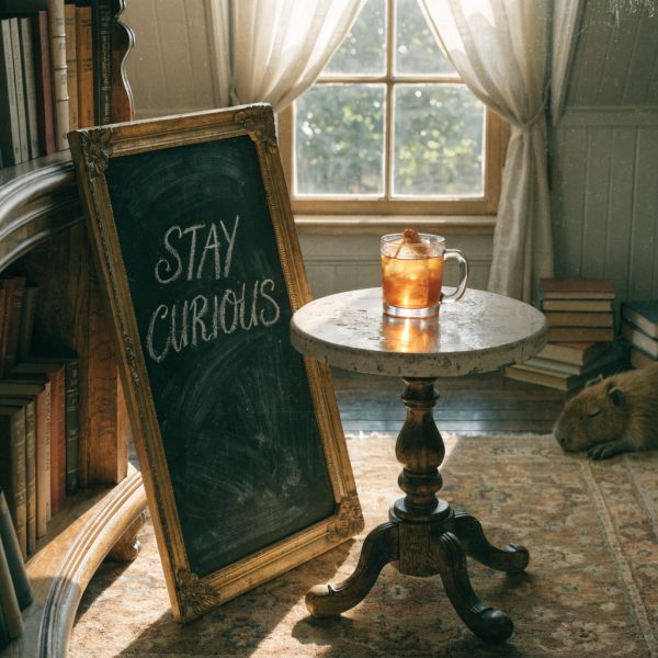 A nostalgic polaroid of a cozy attic reading nook. A large chalkboard features the quote "STAY CU...