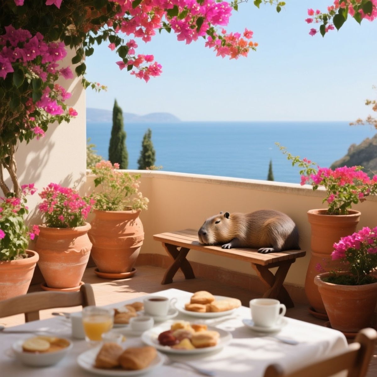 Qwen Image generated image of A sun-drenched Mediterranean balcony overlooking the sea, overflowing with vi...