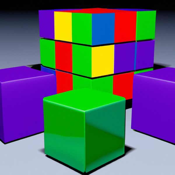 AI image generated by DALL-E 2 — prompt: A raytraced scene with five solid colored cubes. The red cube is stacked on the blue cube. The blue cube is stacked on the green cube. The green cube is stacked on a purple cube. The purple cube is stacked on a yellow cube. So the order from top to bottom is: red, blue, green, purple, yellow. The cubes are partially translucent and made of glass.