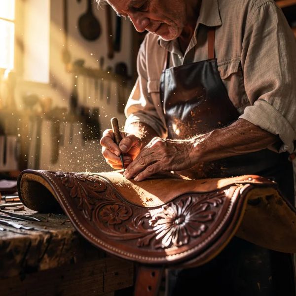 A medium shot of an elderly artisan in a sun-drenched Tuscan workshop, meticulously hand-carving ...