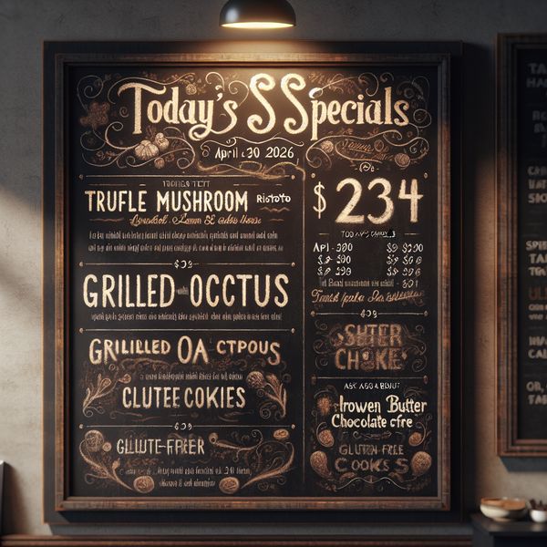 AI image generated by DALL-E 3, ranked #1 of 25 in the "Chalkboard Menu" arena challenge — prompt: Handwritten-style chalkboard menu in a cozy café, all text rendered in the exact same realistic chalk handwriting style with natural variations in letter size, slight slant, and chalk texture — no printed or digital fonts anywhere on the board.
Title at the top in elegant cursive chalk handwriting: ‘TODAY’S SPECIALS – APRIL 30, 2026’. 
Below it, three menu items also in the same handwritten chalk style: ‘Truffle Mushroom Risotto – $24’, ‘Grilled Octopus with Lemon & Herbs – $28’, ‘Brown Butter Chocolate Chip Cookies – $9’.
At the very bottom, smaller text in the identical handwritten chalk style (slightly smaller but still clearly legible with the same handwriting characteristics): ‘All items made fresh daily • Ask about our gluten-free options’.
Warm ambient café lighting, visible chalk dust and smudges, realistic handwriting imperfections, no clean printed text anywhere.