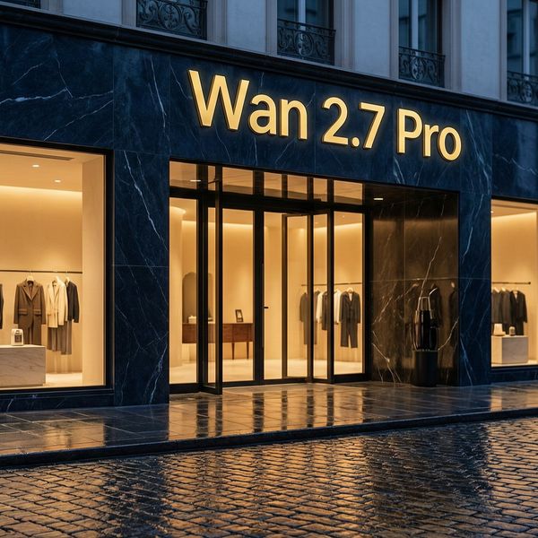 AI image generated by Wan 2.7 Pro — prompt: A wide-angle cinematic shot of a luxury boutique storefront at dusk, where the name "Wan 2.7 Pro" is elegantly rendered in polished gold sans-serif lettering on a dark marble facade above the entrance. Warm, soft light spills from the floor-to-ceiling windows onto a damp cobblestone street, reflecting deep ambers and velvet blues. The composition is balanced and professional, with the branding perfectly centered and legible, capturing a high-end architectural aesthetic with shallow depth of field. --ar 16:9