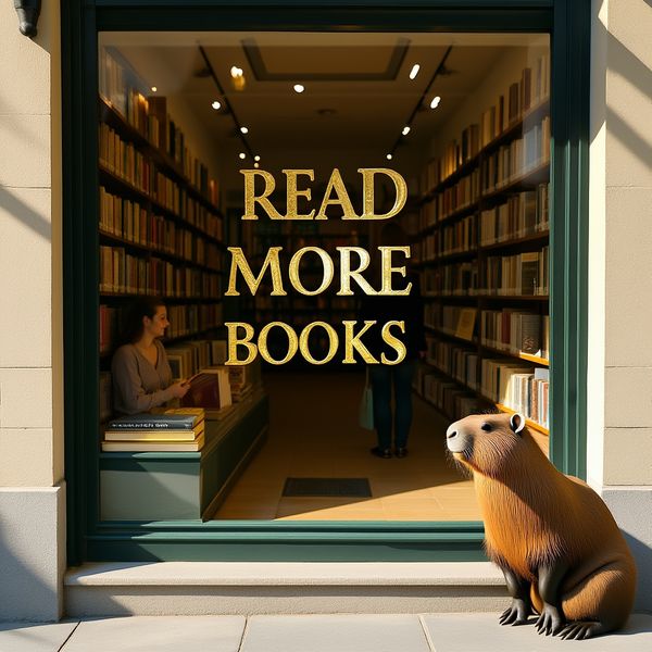 A sunlit, cozy bookstore window with a gold leaf sign on the glass that reads "READ MORE BOOKS" i...