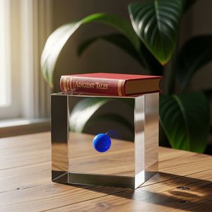A glass cube on a wooden table. Inside the cube is a smal...