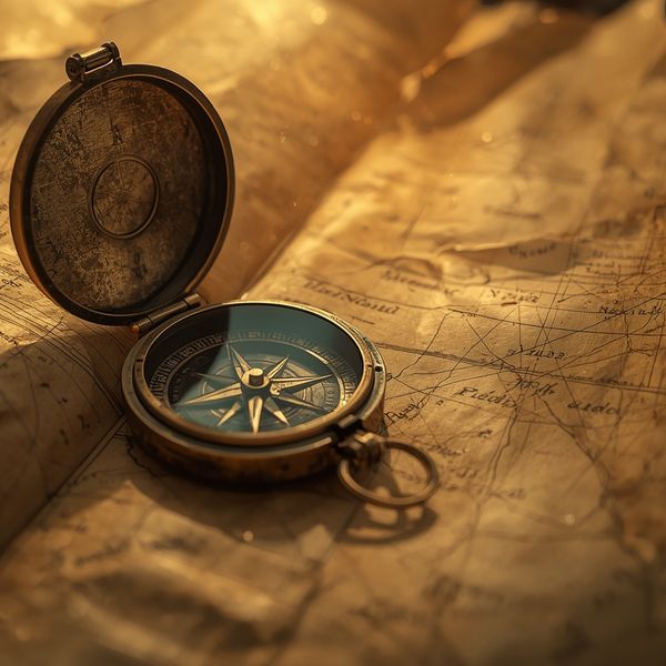 A macro photography shot of an antique copper compass resting on a weathered nautical map. Sunlig...