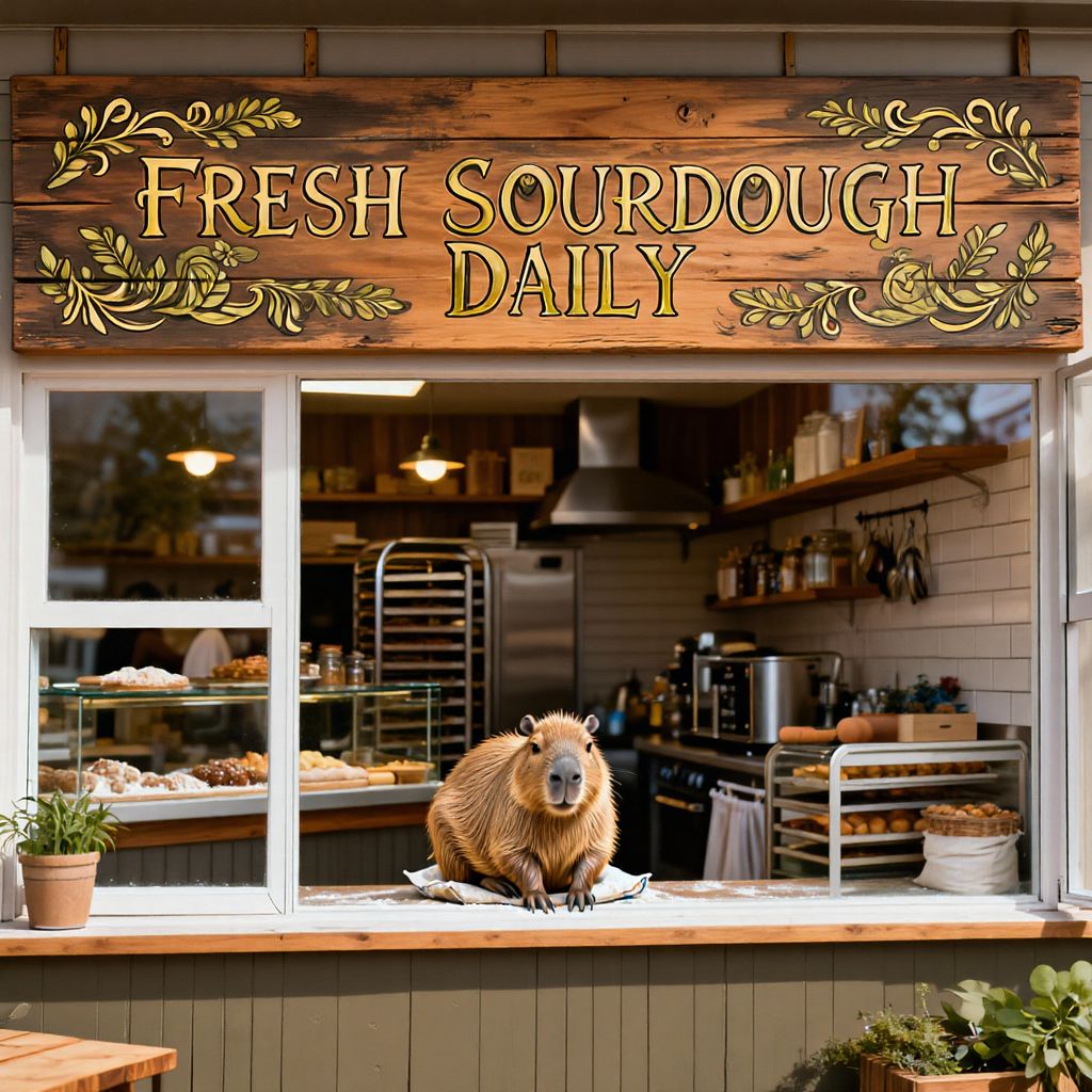 LongCat-Image generated image of A sun-drenched artisan bakery storefront with a hand-painted wooden sign that...