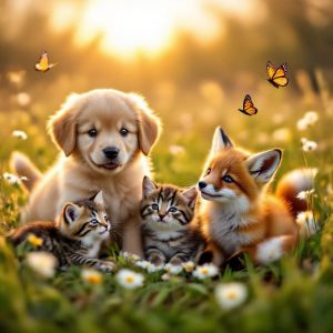 Hyper-photorealistic scene of fluffy baby animals—a golde...