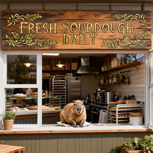 A sun-drenched artisan bakery storefront with a hand-pain...