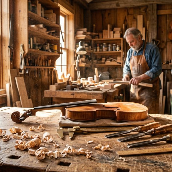 AI image generated by Nano Banana 2 — prompt: Cinematic wide shot of a master carpenter's sun-drenched workshop, dust motes dancing in shafts of morning light, intricate wood shavings scattered across a heavy oak workbench, a hand-carved mahogany violin resting beside vintage brass calipers and wood-handled chisels, hyper-realistic textures, shallow depth of field, warm autumnal tones, 8k resolution, shot on 35mm lens.