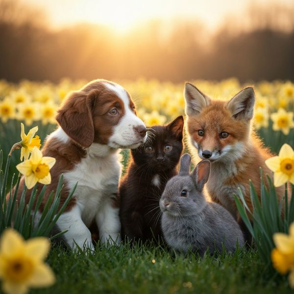 Hyper-photorealistic scene of fluffy baby animals—a golden retriever puppy, tabby kitten, baby bu...