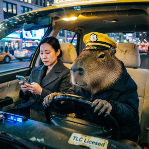 Photorealistic scene inside a yellow New York taxi at nig...