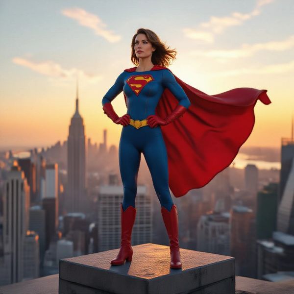 AI image generated by HiDream I1 Fast, ranked #21 of 21 in the "Heroic Super Hero Portrait" arena challenge — prompt: Hyper-photorealistic full-body portrait of a female superhero standing triumphantly on a New York skyscraper rooftop at golden sunset, wearing a classic modest superhero costume with flowing cape, chest emblem, gloves, and boots in red and blue colors, practical design, short hair, strong determined heroic expression looking into the distance, powerful confident stance with hands on hips and cape billowing dramatically in the wind, detailed urban cityscape background, warm natural sunlight with sharp shadows and fabric highlights, ultra-sharp textures on suit, hair, and concrete, 8K masterpiece, empowering family-friendly style.
