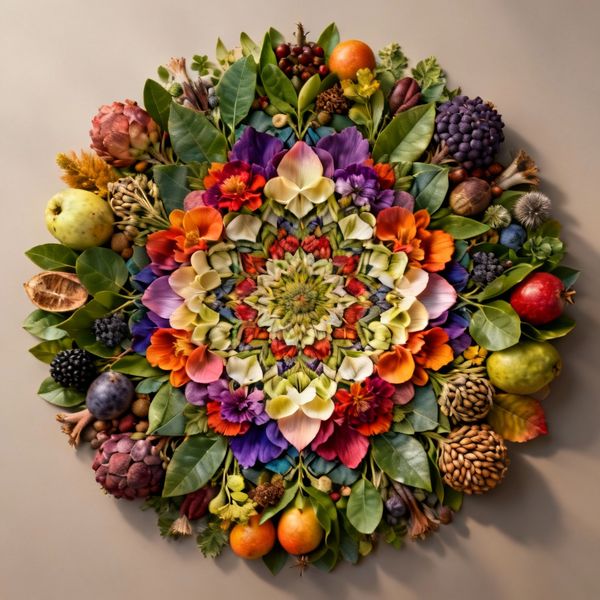 AI image generated by Seedream 4.0, ranked #7 of 15 in the "Intricate Floral Mandala" arena challenge — prompt: Perfectly symmetrical mandala made entirely of real flowers, petals, leaves, fruits, and seeds in vibrant natural colors, intricate layered patterns with radial symmetry, top-down view on a soft neutral background, hyper-detailed organic textures and subtle shadows, photorealistic, 8K masterpiece.