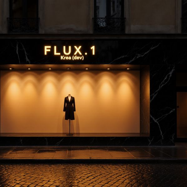 A wide cinematic shot of a high-end, contemporary boutique storefront at golden hour. The storefr...