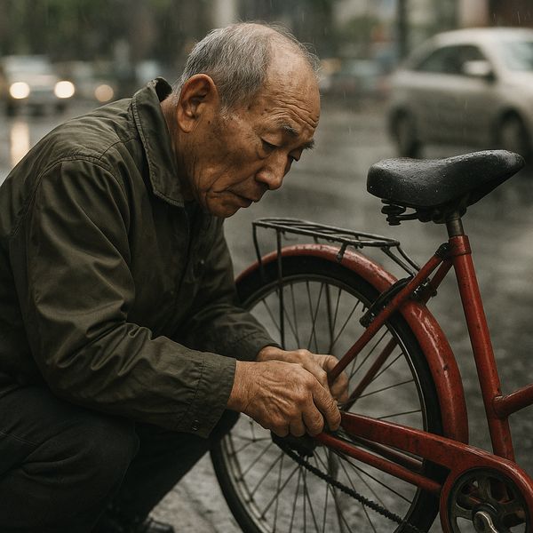 AI image generated by GPT Image 1 Mini, ranked #5 of 24 in the "Candid Street Photography" arena challenge — prompt: A candid street photo of an elderly Japanese man repairing a red bicycle in light rain, reflections on wet pavement, shallow depth of field, 50mm lens, natural skin texture, imperfect framing, motion blur from passing cars, cinematic but realistic, no stylization.