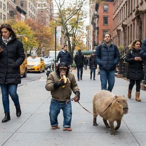 Create an image of an ape, eating a banana, walking troug...