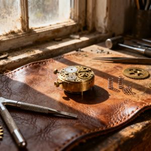 A hyper-realistic close-up of a weathered leather workben...