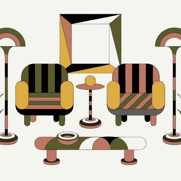 AI image generated by Recraft V4 SVG — prompt: Minimalist vector flat design of a mid-century modern living room, clean geometric shapes, a palette of muted terracotta, olive green, and mustard yellow, sharp clean lines, scalable vector graphic style, balanced composition, architectural precision.