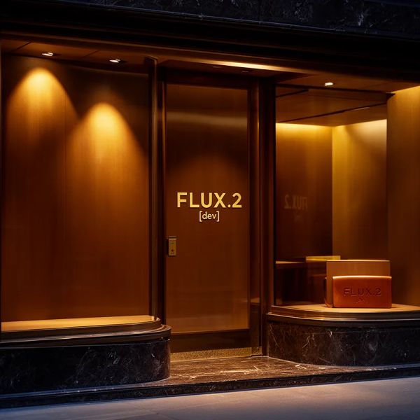 A wide, cinematic shot of a sophisticated, high-end boutique storefront at dusk. The shop window ...