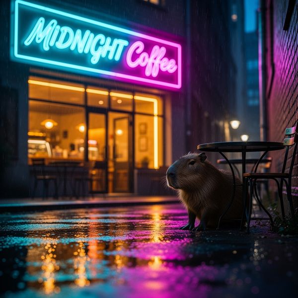 A vibrant neon storefront at night with a glowing glass sign that reads "MIDNIGHT COFFEE" in eleg...