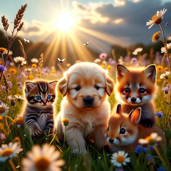 AI image generated by Grok Imagine Image, ranked #23 of 23 in the "Adorable Baby Animals in Sunny Meadow" arena challenge — prompt: Hyper-photorealistic scene of fluffy baby animals—a golden retriever puppy, tabby kitten, baby bunny, and red fox kit—with big expressive eyes and ultra-detailed soft fur, playfully chasing butterflies and tumbling together in a lush wildflower meadow, warm golden sunrise light with god rays and dew sparkles, joyful wholesome vibe, 8K masterpiece.