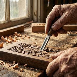 A meticulously detailed close-up of an elderly artisan's ...