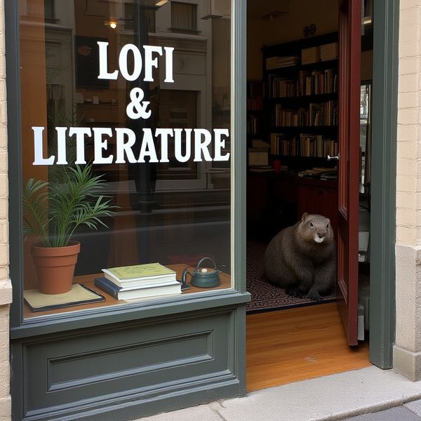 A cozy indie bookstore storefront with a large glass window displaying a hand-painted sign that r...