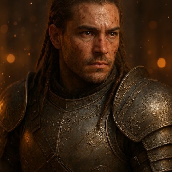 Close portrait of a battle-worn paladin in ornate engraved plate armor, hair braided with small b...
