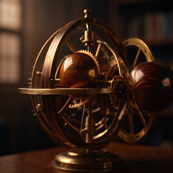 A hyper-realistic cinematic close-up of a vintage brass orrery, intricate gears and celestial sph...