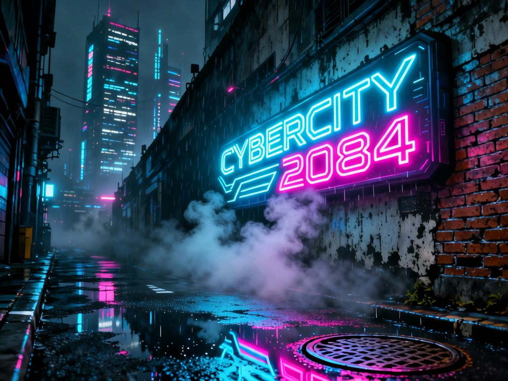 Wan 2.6 generated video of A hyper-realistic neon sign flickering "CYBERCITY 2084" against a rain-slicke...
