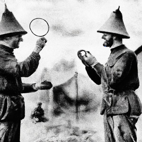 AI image generated by DALL-E 2 — prompt: Two Prussian soldiers wearing spiked pith helmets are facing each other and playing a game of ring toss by attempting to toss metal rings over the spike on the other soldier's helmet.