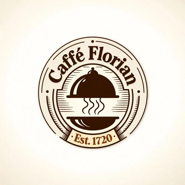 Vintage minimalist restaurant logo for "Caffè Florian", retro cloche dome with steam and "Est. 17...
