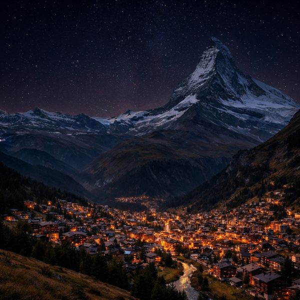 Change the scene to night: a deep, dark sky with subtle, glistening stars visible behind the moun...