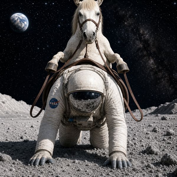 AI image generated by GPT Image 2, ranked #1 of 15 in the "The Reversed Rodeo" arena challenge — prompt: Horse riding astronaut in space — horse on top, not vice versa. Surreal, highly detailed, cinematic.