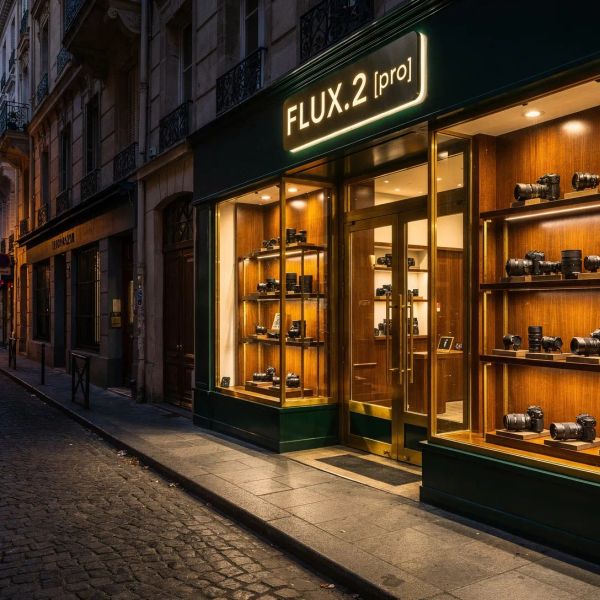 A wide, cinematic shot of a sophisticated, high-end camera lens boutique located on a quiet Europ...