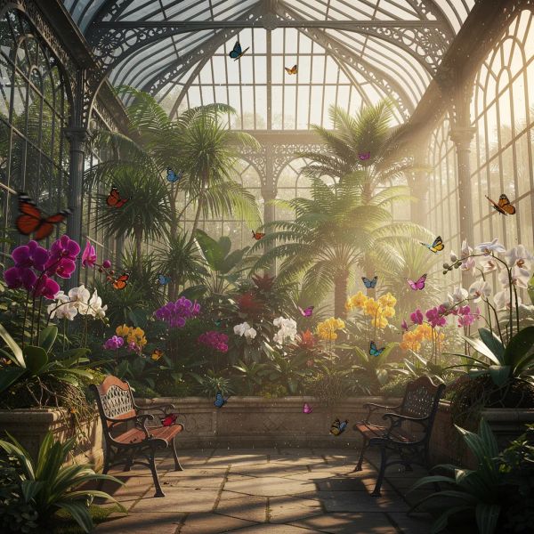 AI image generated by FLUX.2 [max], ranked #5 of 17 in the "Victorian Greenhouse Oasis" arena challenge — prompt: Hyper-photorealistic interior of a lush Victorian glass greenhouse filled with exotic tropical plants, vibrant blooming orchids, tall ferns, colorful butterflies in flight, sunlight filtering through ornate glass roof creating realistic caustics and dew on leaves, intricate iron framework visible, misty atmosphere, 8K masterpiece.