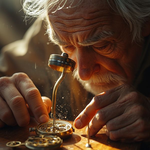 A hyper-realistic close-up portrait of an elderly watchmaker in a sun-drenched workshop, dust mot...