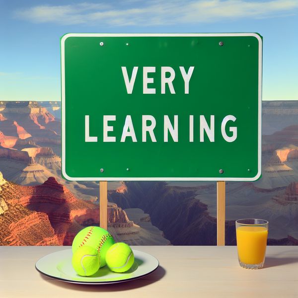 AI image generated by DALL-E 3 — prompt: A green sign that says "Very Deep Learning" and is at the edge of the Grand Canyon, Two baseballs to the left of three tennis balls, and A plate that has no bananas on it. There is a glass without orange juice next to it.
