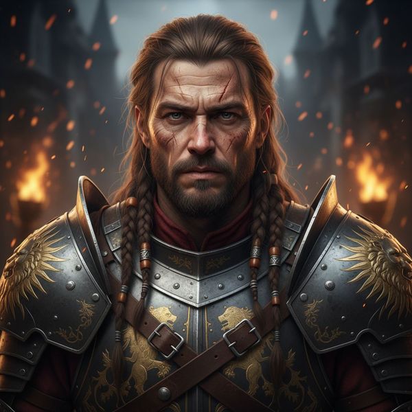 Close portrait of a battle-worn paladin in ornate engraved plate armor, hair braided with small b...