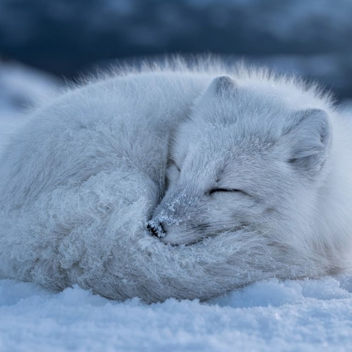 Nano Banana 2 Lite generated image of Macro shot of an Arctic fox curled into a dense white ball on fresh powder sn...