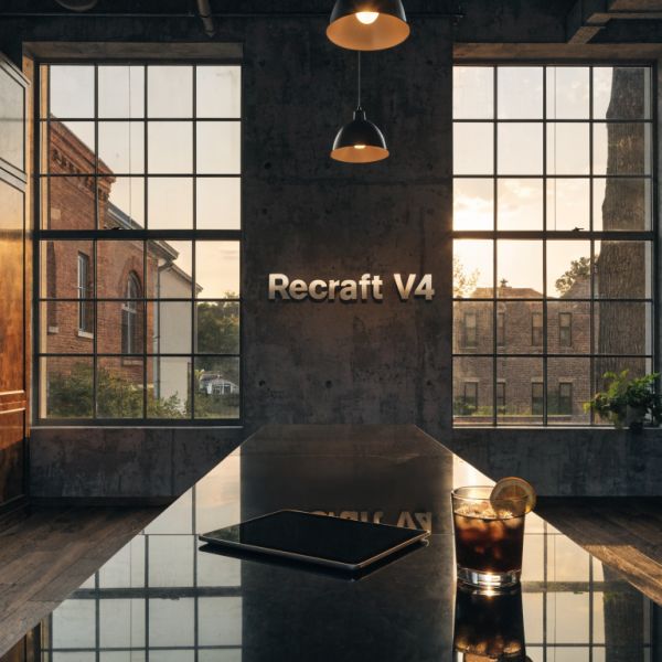 A wide, cinematic shot of a sophisticated, high-end design studio at sunset. In the center of the...