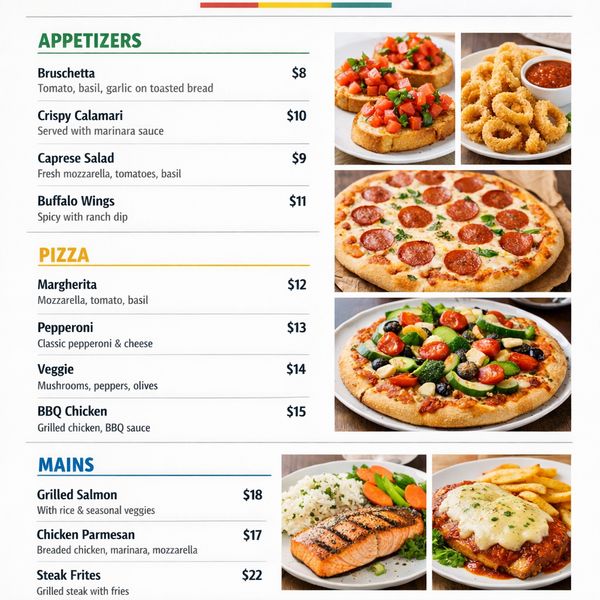 AI image generated by GPT Image 1.5, ranked #2 of 19 in the "Modern Clean Menu" arena challenge — prompt: Modern minimalist restaurant menu design, white background with colorful food photos in grid, sections for appetizers/pizza/mains, bold sans-serif fonts, vibrant accents, clean professional layout for casual dining.
