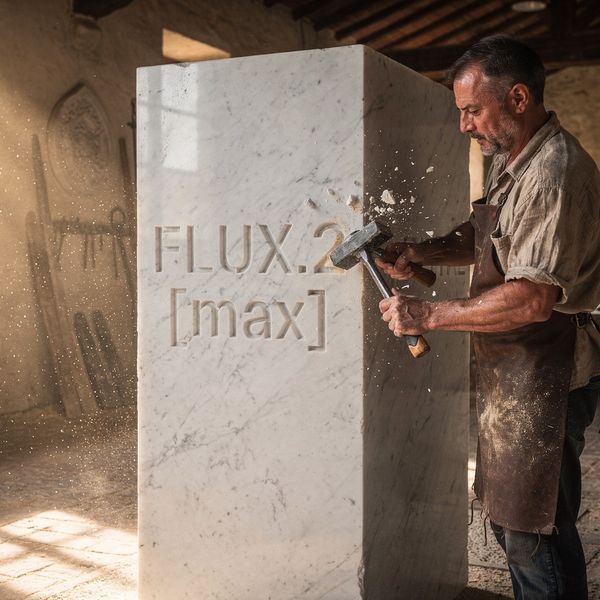 AI image generated by FLUX.2 [max] — prompt: A hyper-realistic, wide-angle cinematic shot of a master stone-mason in a sun-drenched, dusty Italian renaissance workshop, meticulously hand-chiseling the word "FLUX.2 [max]" into a massive, polished marble monolith with perfect, crisp typography and flying stone shards; the lighting is dramatic with heavy chiaroscuro and atmospheric dust motes dancing in the golden light. In the soft-focus background, partially obscured by a stack of rough-hewn stone slabs, a calm capybara sits quietly on the cobblestone floor, observing the work. The composition is weighted to the right, leaving the left third of the 16:9 frame as clean, atmospheric negative space for text overlay; 8k resolution, flagship photography style, extreme detail on the marble grain and the craftsman's weathered hands.